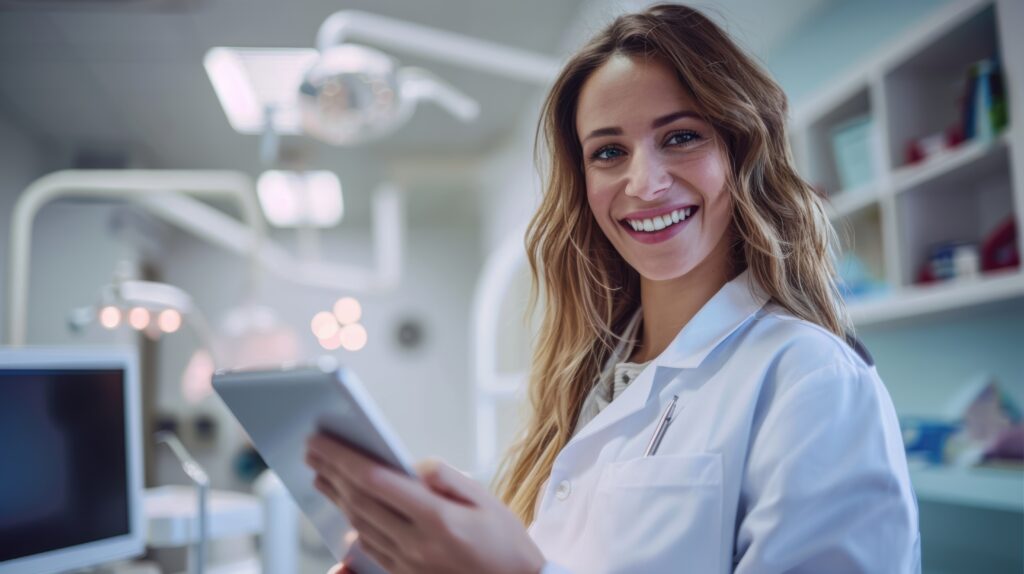 Junge Ärztin mit Tablet in moderner Behandlungsumgebung als Symbol für digitale Patientenkommunikation und moderne Praxisabläufe.